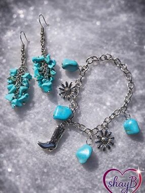 Turquoise Chip Charm Bracelet & Dangle Earrings Set